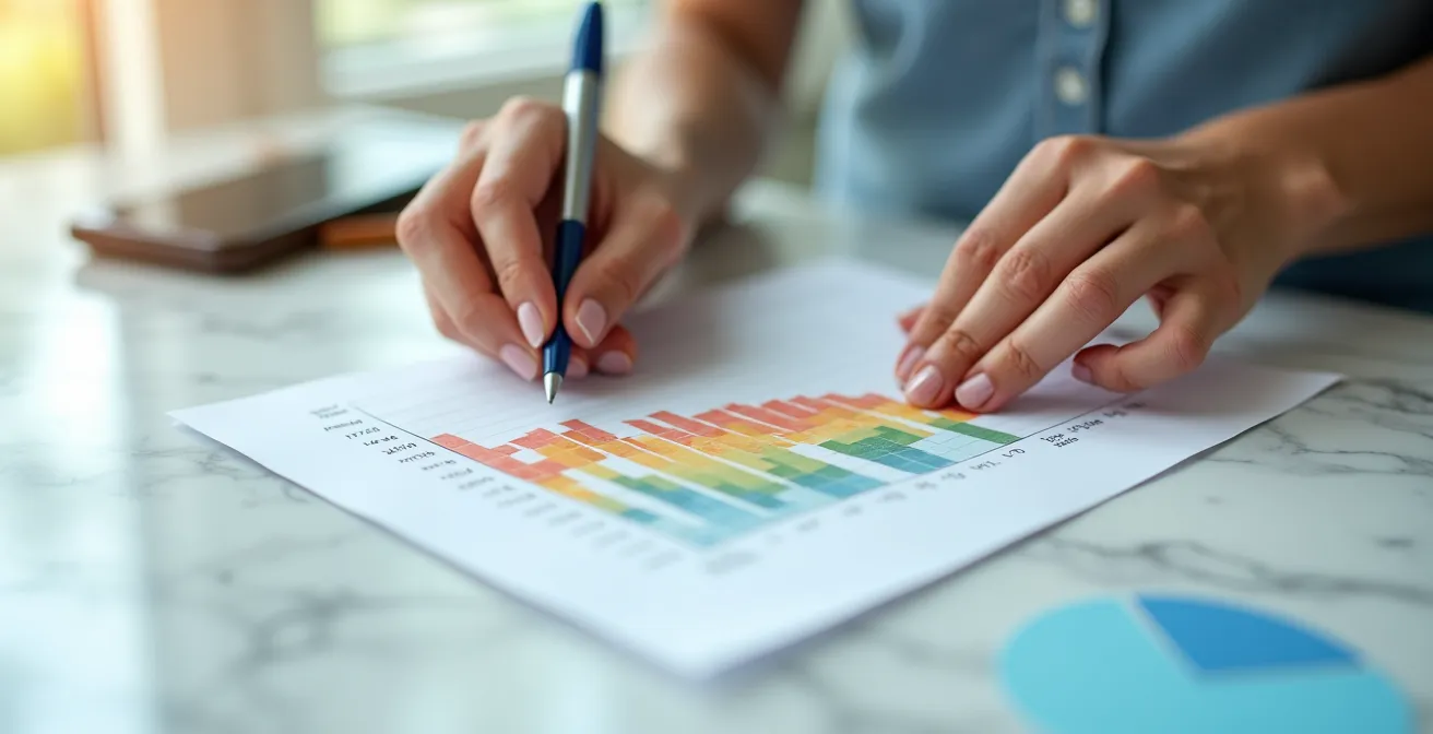 Gros plan sur des mains expertes manipulant des documents avec graphiques de performance