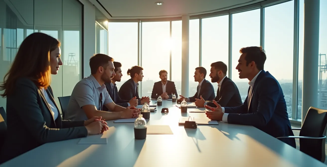 Professionnels en réunion stratégique dans un espace moderne lumineux