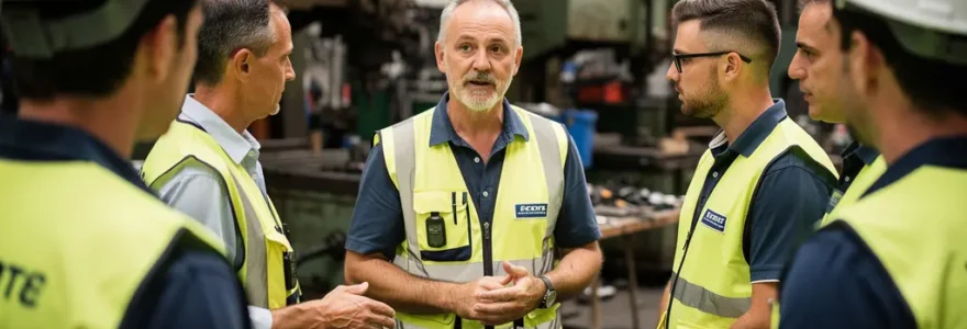 Responsable sécurité animant un quart d'heure sécurité devant son équipe en atelier industriel