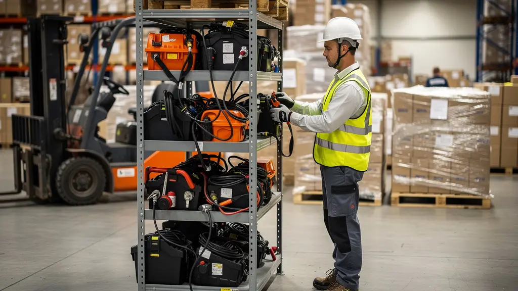 Environnement logistique avec chariot élévateur et rayonnages, vérification sécurité en cours