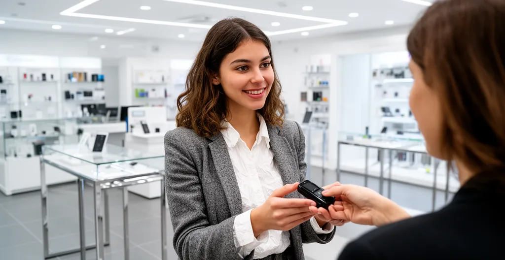Jeune alternante en formation commerce conseillant une cliente dans un espace commercial moderne