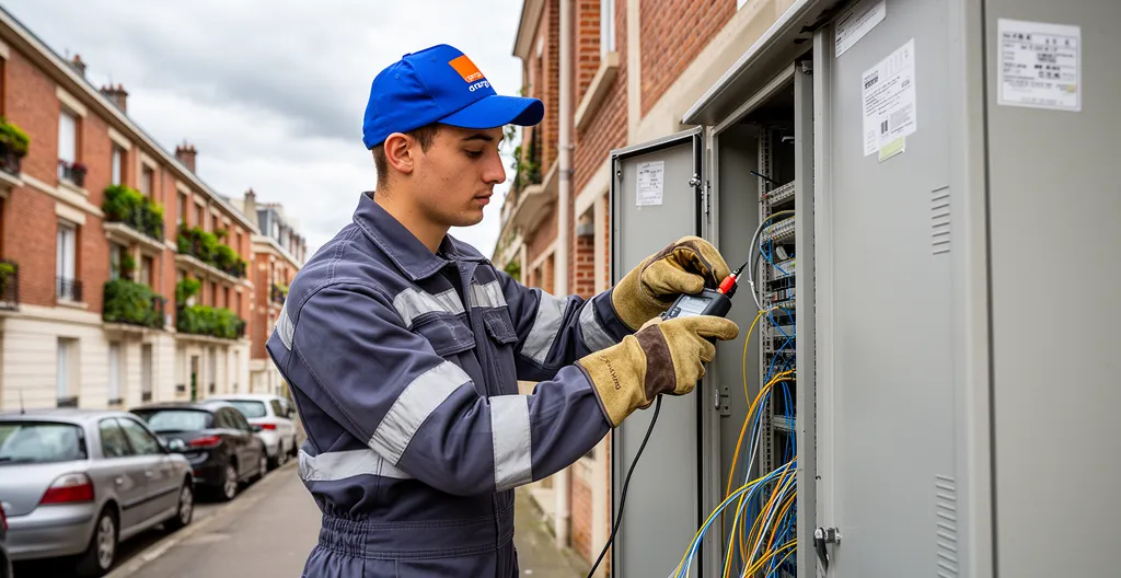 Technicien fibre optique vérifiant une installation dans une armoire technique