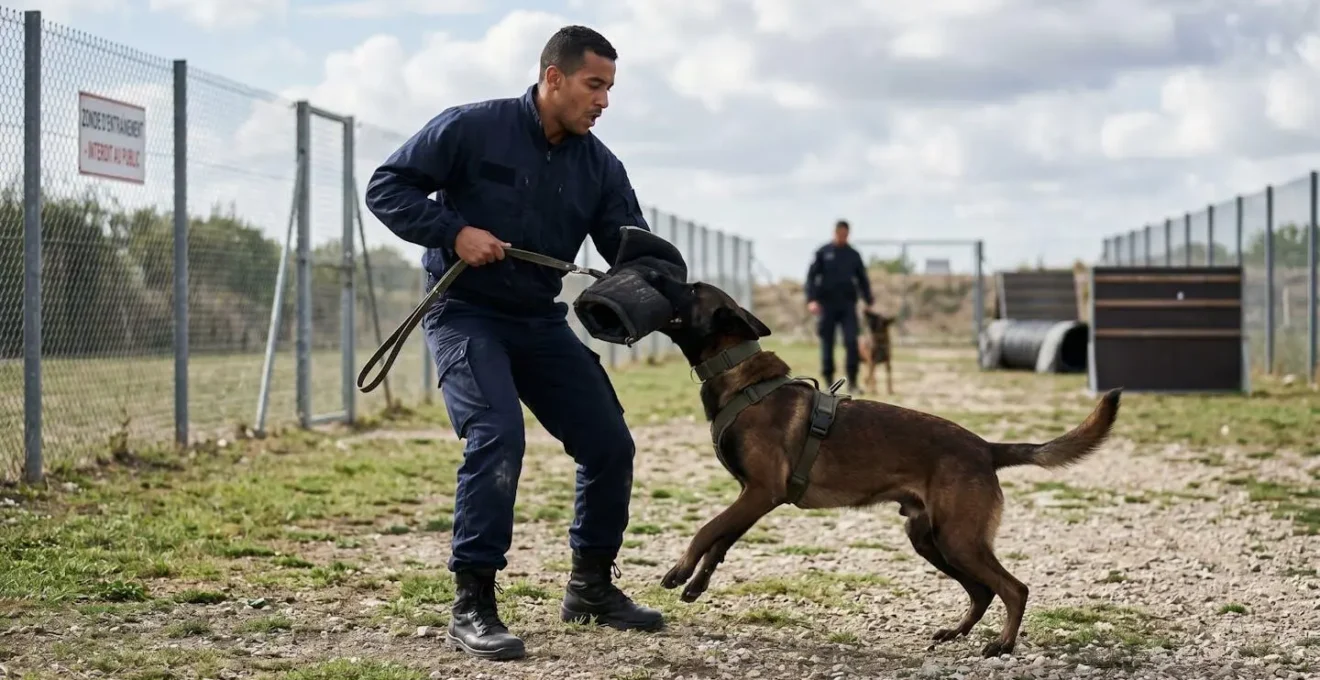 Agent de sécurité cynophile en tenue professionnelle avec son chien berger malinois lors d'une session de travail