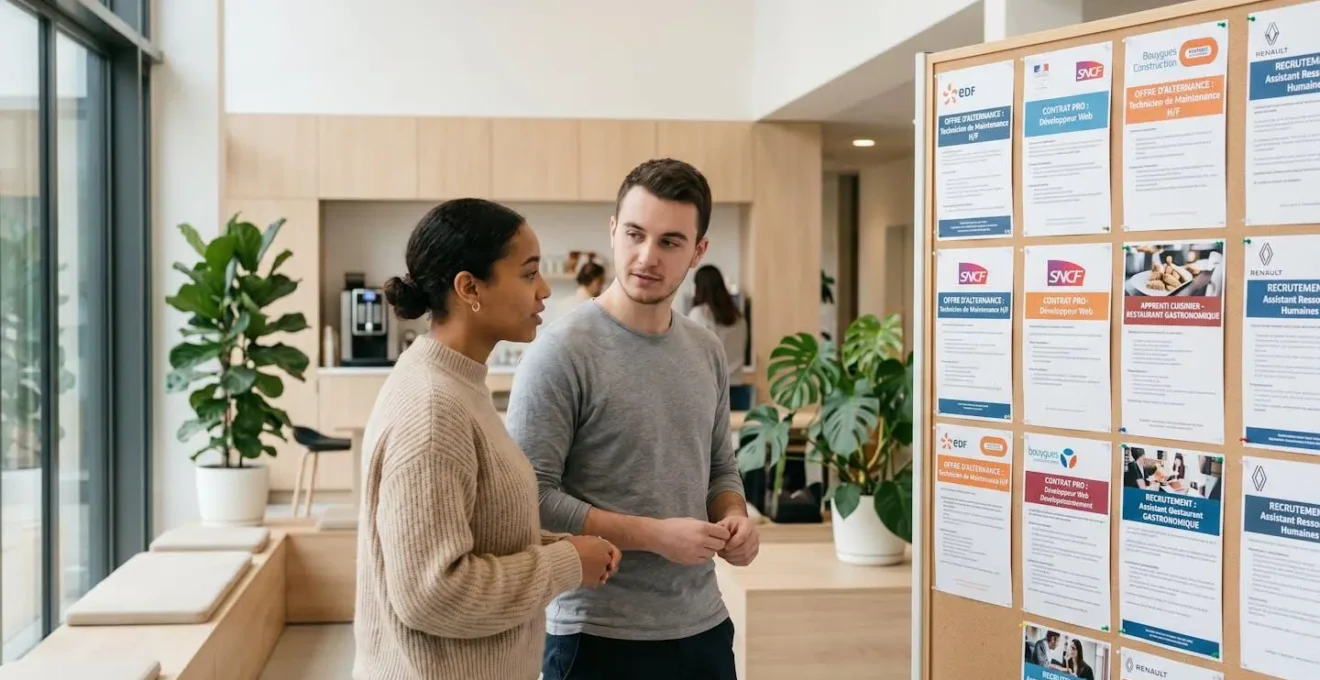Deux alternants échangeant devant un panneau d'offres d'entreprises dans le hall lumineux d'un CFA