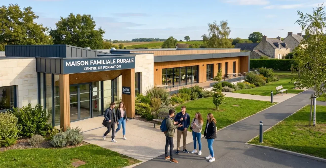 Façade accueillante d'une Maison Familiale Rurale en Maine-et-Loire avec jeunes élèves et espaces verts