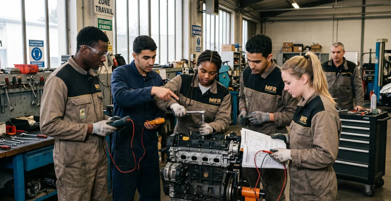 Groupe de jeunes apprentis en formation pratique dans un atelier professionnel manipulant outils et équipements sous supervision formateur