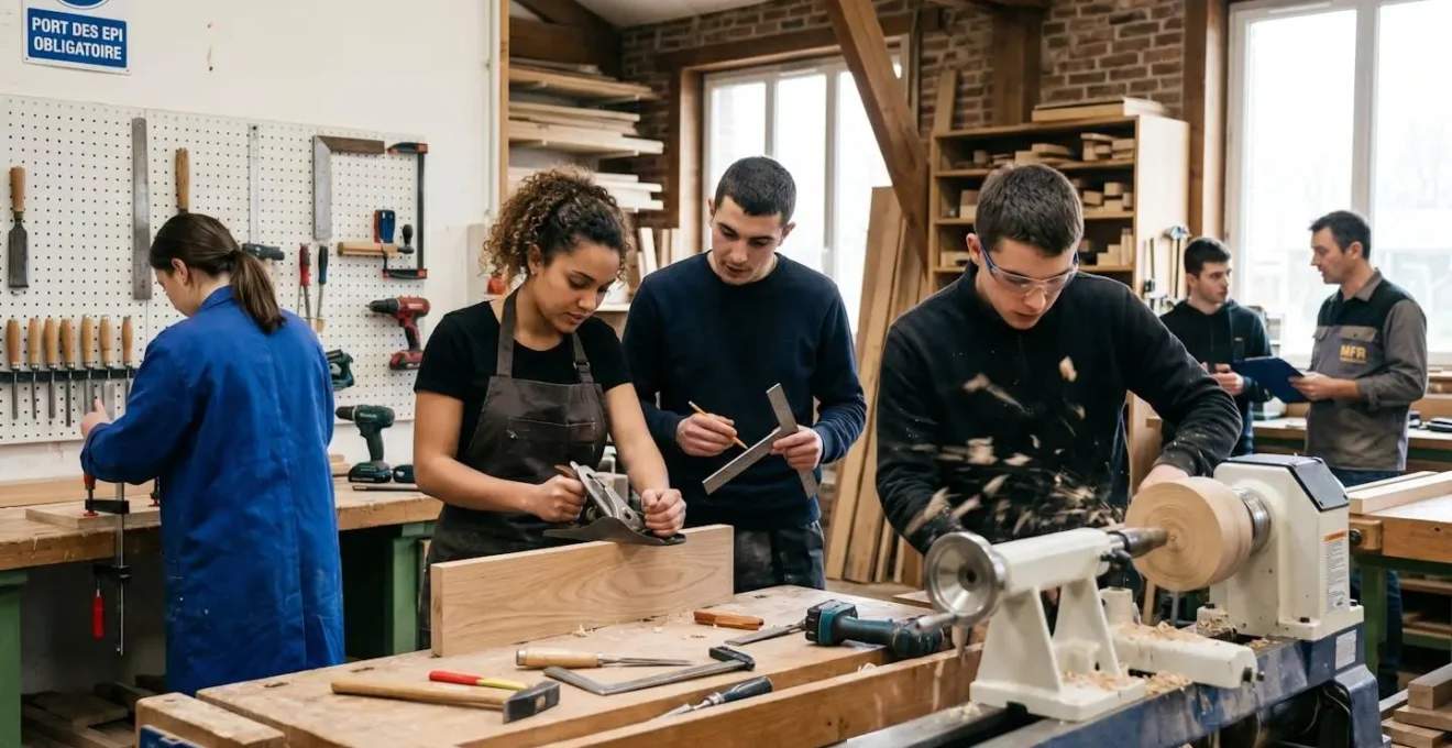 Groupe de jeunes apprentis en formation pratique dans un atelier professionnel manipulant outils et équipements sous supervision formateur