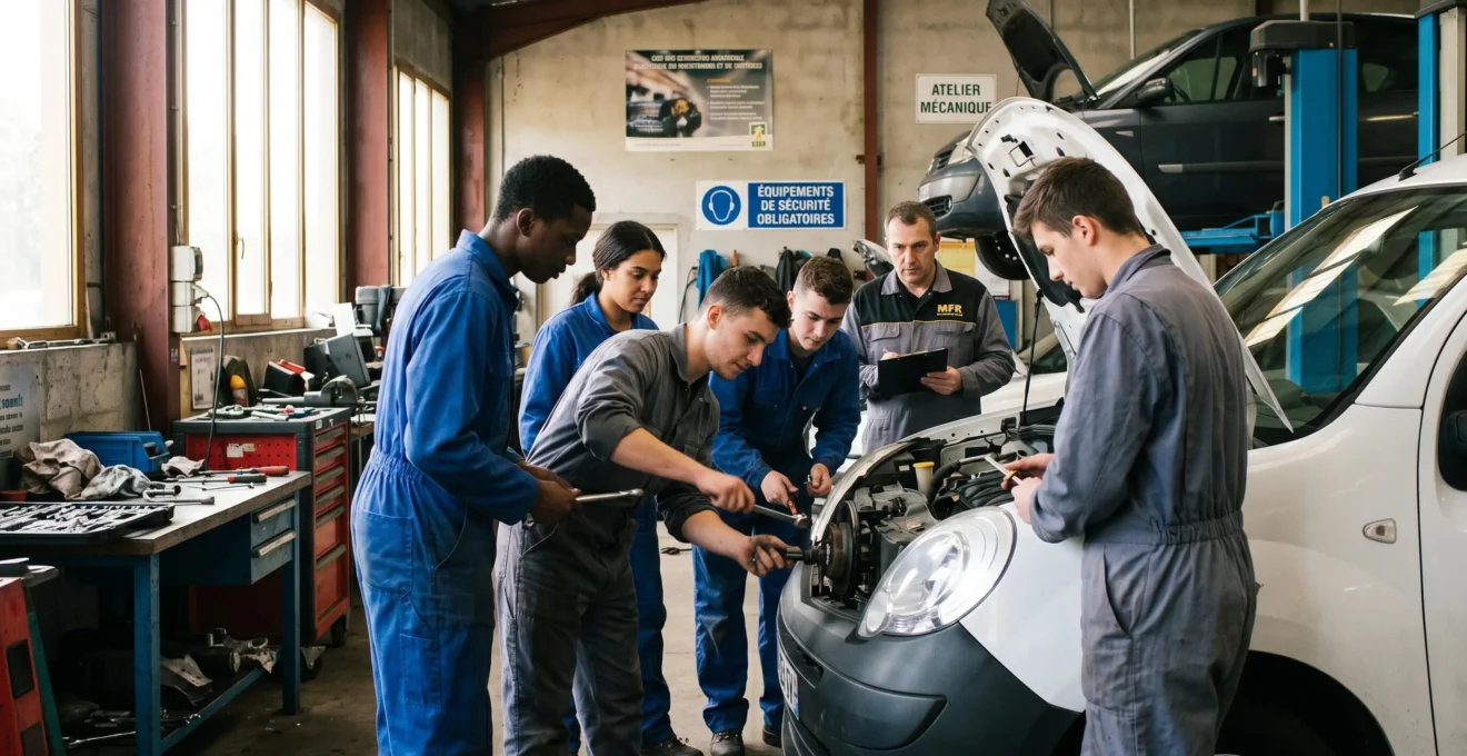 Groupe de jeunes apprentis en formation pratique dans un atelier professionnel manipulant outils et équipements sous supervision formateur