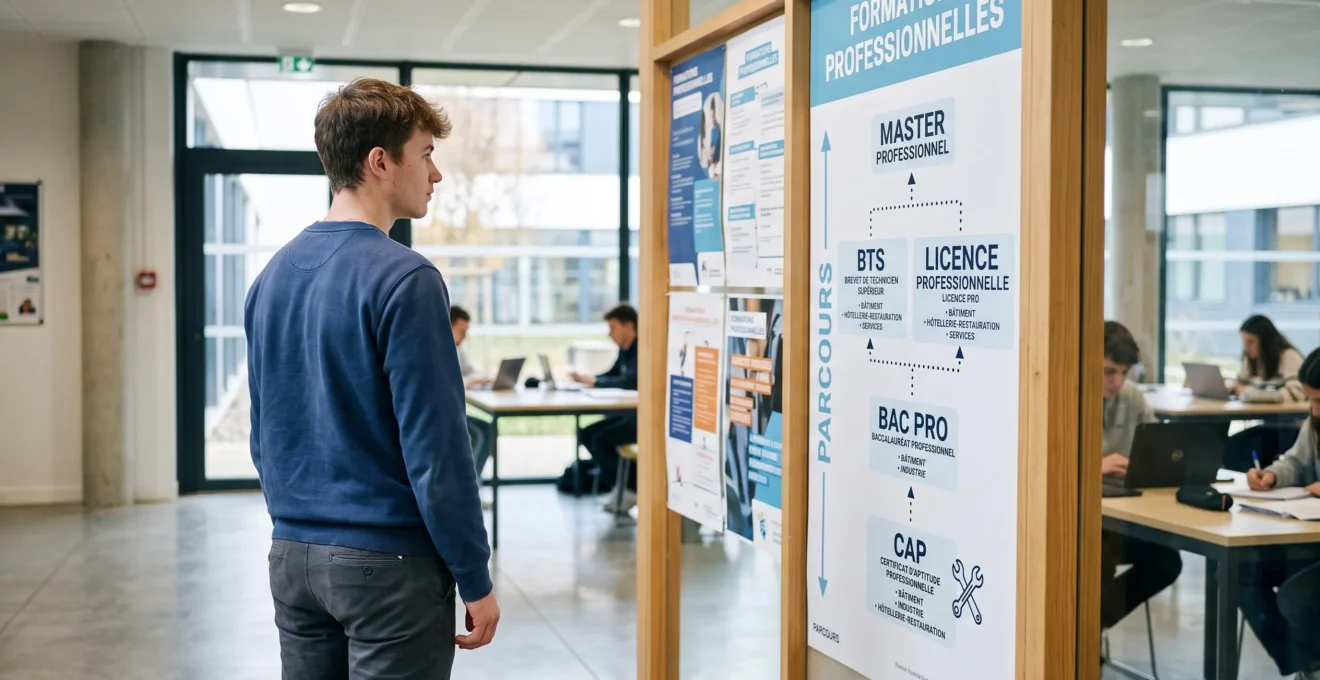 Jeune alternant consultant un panneau d'affichage de parcours de formation dans le hall lumineux d'un CFA moderne