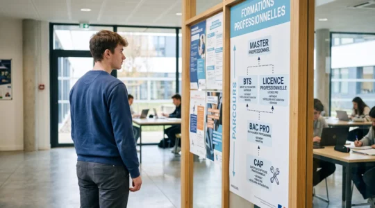 Jeune alternant consultant un panneau d'affichage de parcours de formation dans le hall lumineux d'un CFA moderne
