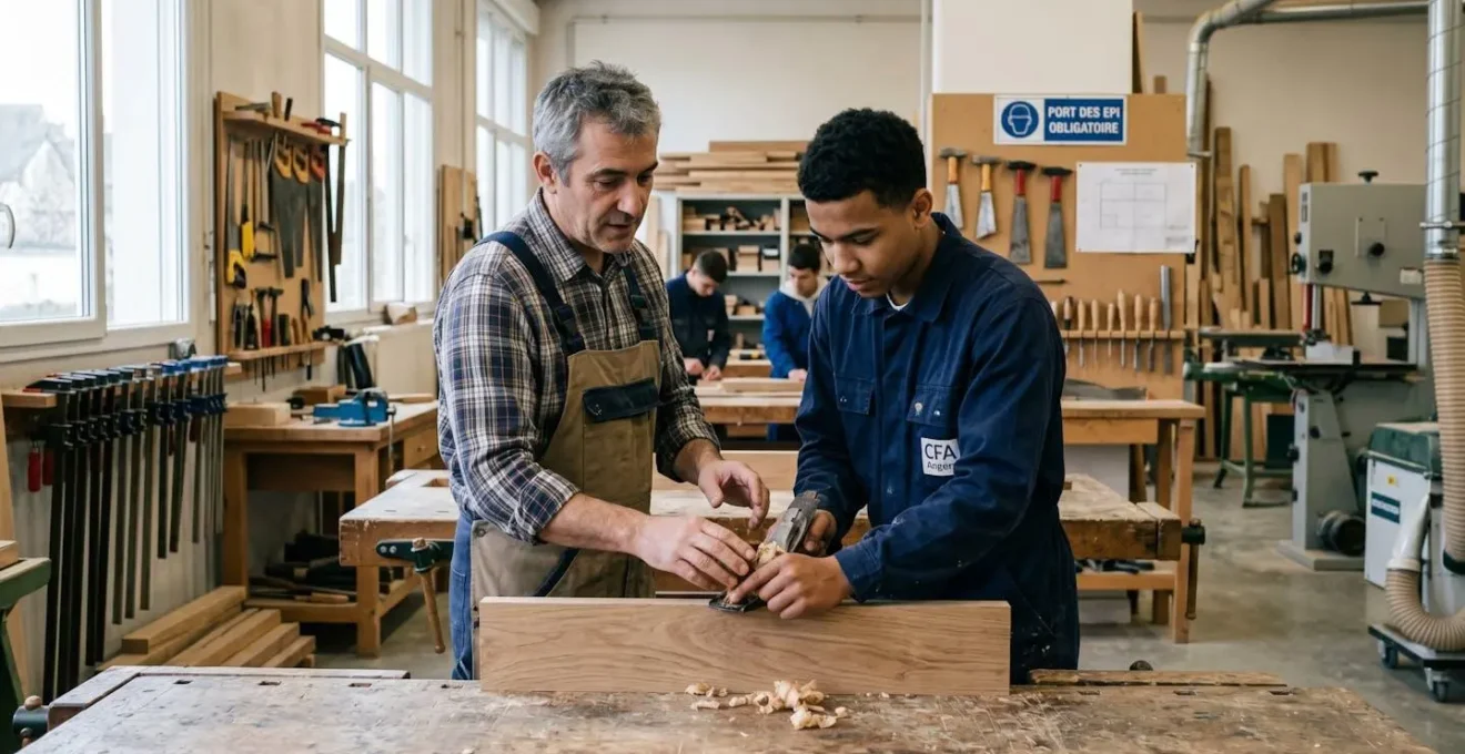 Jeune apprenti en bleu de travail apprenant un geste technique auprès d'un maître d'apprentissage dans un atelier de formation professionnelle français