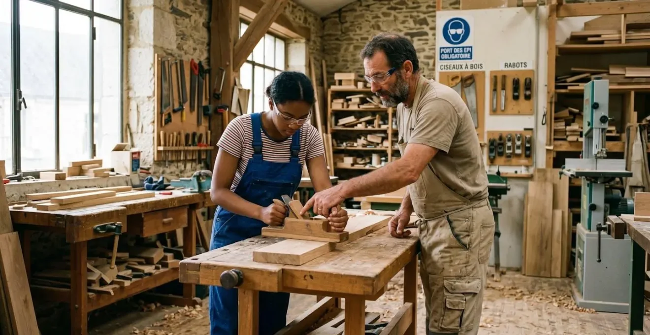 Jeune apprenti en bleu de travail apprenant un geste technique auprès d'un maître d'apprentissage dans un atelier de formation professionnelle français