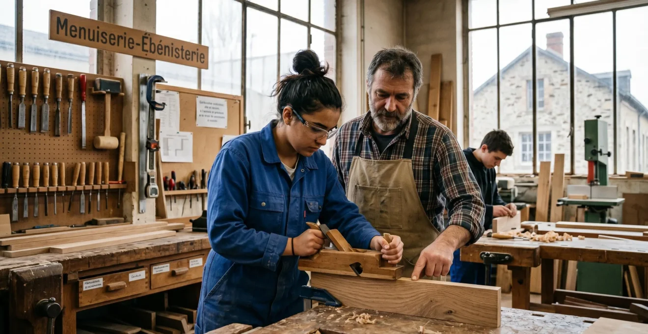 Jeune apprenti en bleu de travail apprenant un geste technique auprès d'un maître d'apprentissage dans un atelier de formation professionnelle français