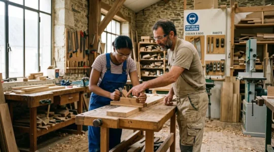 Jeune apprenti en bleu de travail apprenant un geste technique auprès d'un maître d'apprentissage dans un atelier de formation professionnelle français