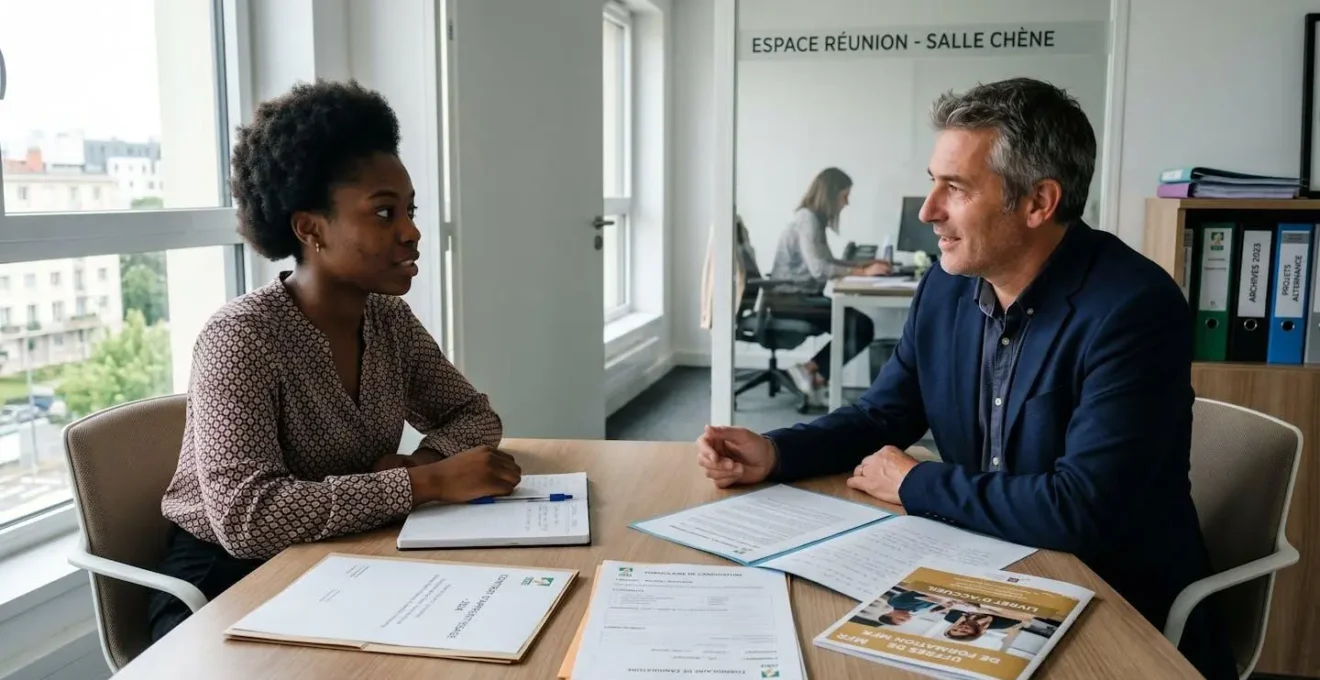 Jeune apprenti en entretien avec un employeur ou formateur devant des documents de contrat d'apprentissage dans un bureau français