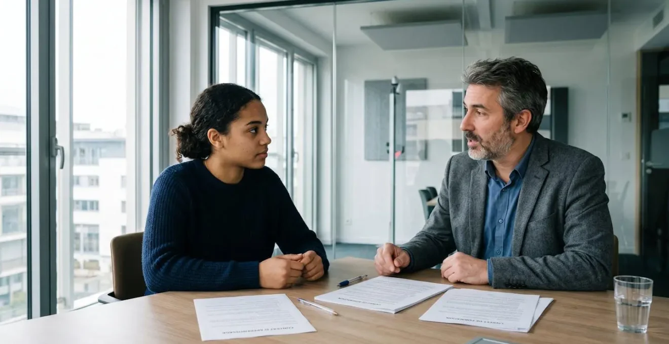 Jeune apprenti en entretien avec un employeur ou formateur devant des documents de contrat d'apprentissage dans un bureau français