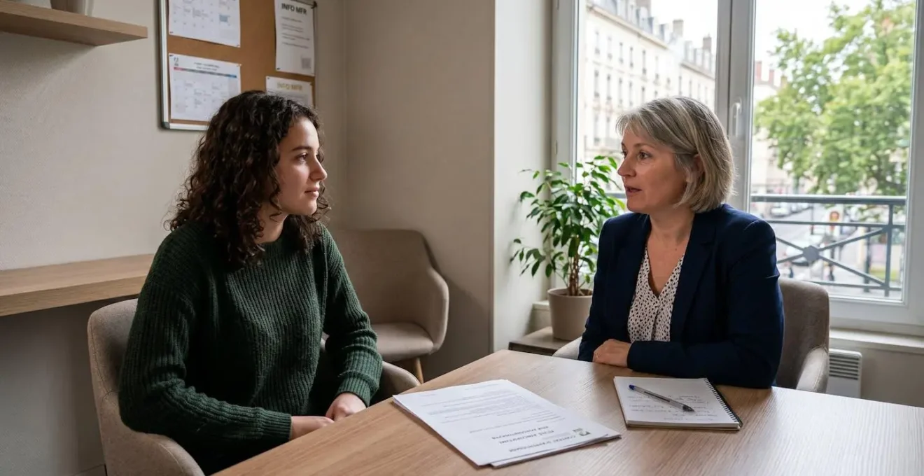 Jeune apprenti en entretien avec un employeur ou formateur devant des documents de contrat d'apprentissage dans un bureau français