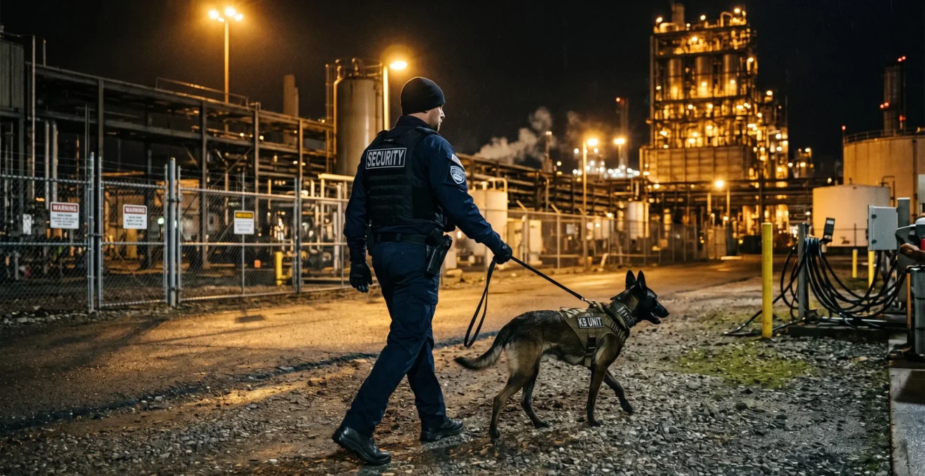 Maître-chien effectuant une ronde de nuit sur un site industriel sécurisé avec son chien en laisse