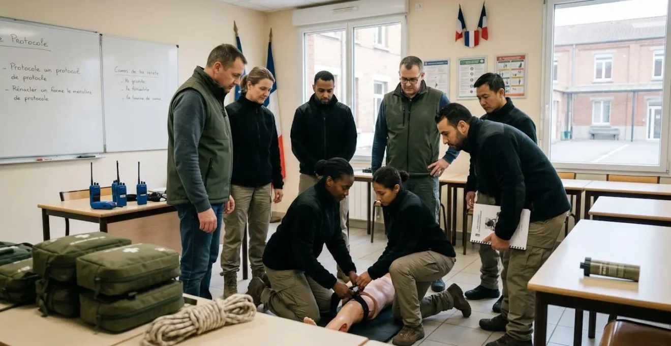 Groupe de stagiaires adultes en formation de sécurité privée dans une salle équipée, ambiance professionnelle