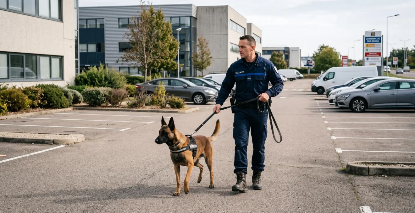 Agent cynophile et chien de sécurité en patrouille dans un parking de zone commerciale