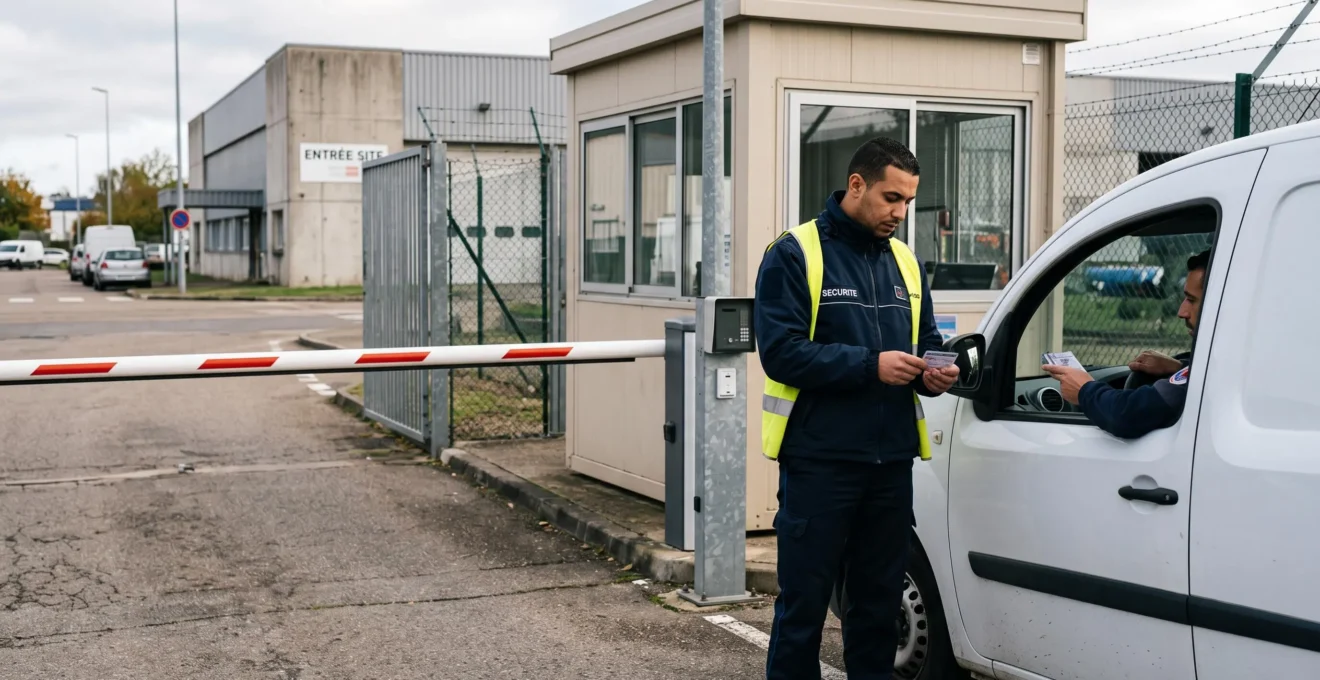 Agent de sécurité effectuant un contrôle d'accès à l'entrée d'un site d'entreprise