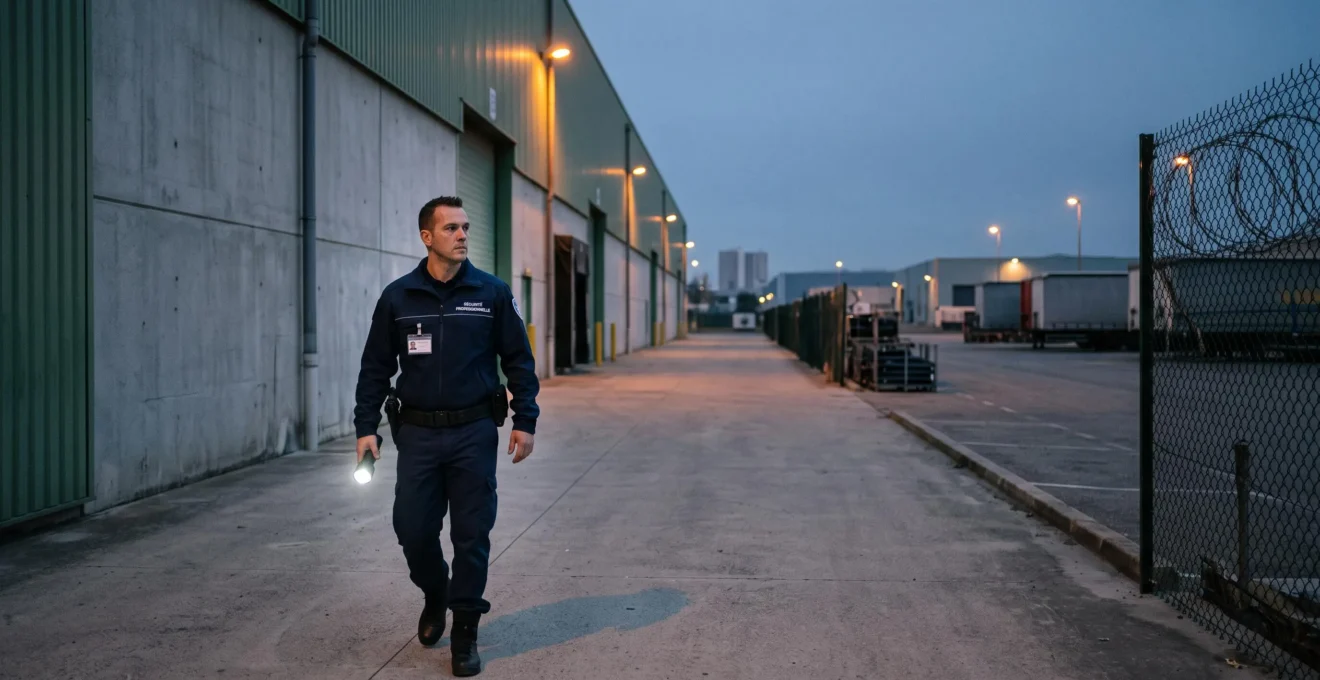 Agent de sécurité effectuant une ronde de surveillance nocturne le long d'un entrepôt en zone industrielle