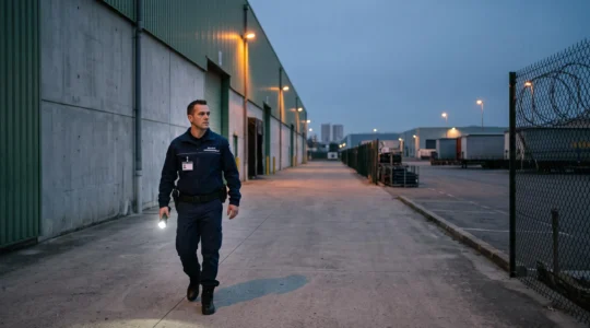 Agent de sécurité effectuant une ronde de surveillance nocturne le long d'un entrepôt en zone industrielle