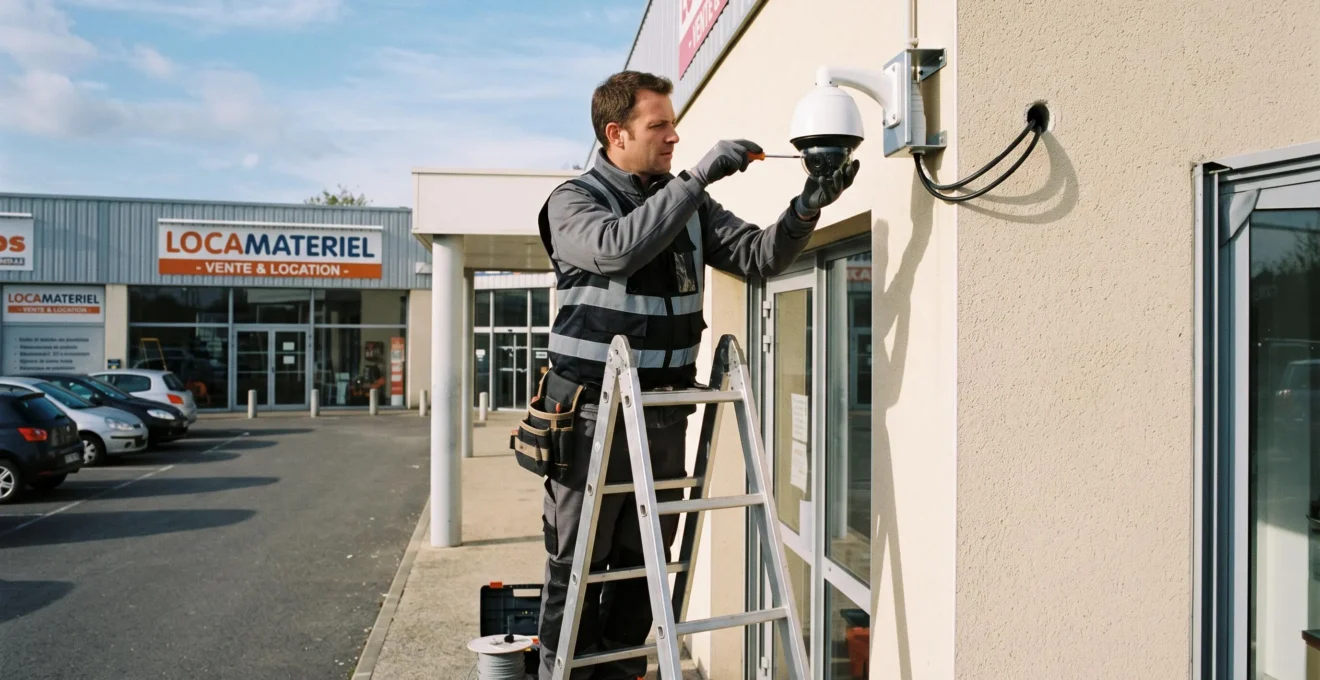 Technicien installant une caméra de vidéosurveillance sur la façade d'un bâtiment d'entreprise